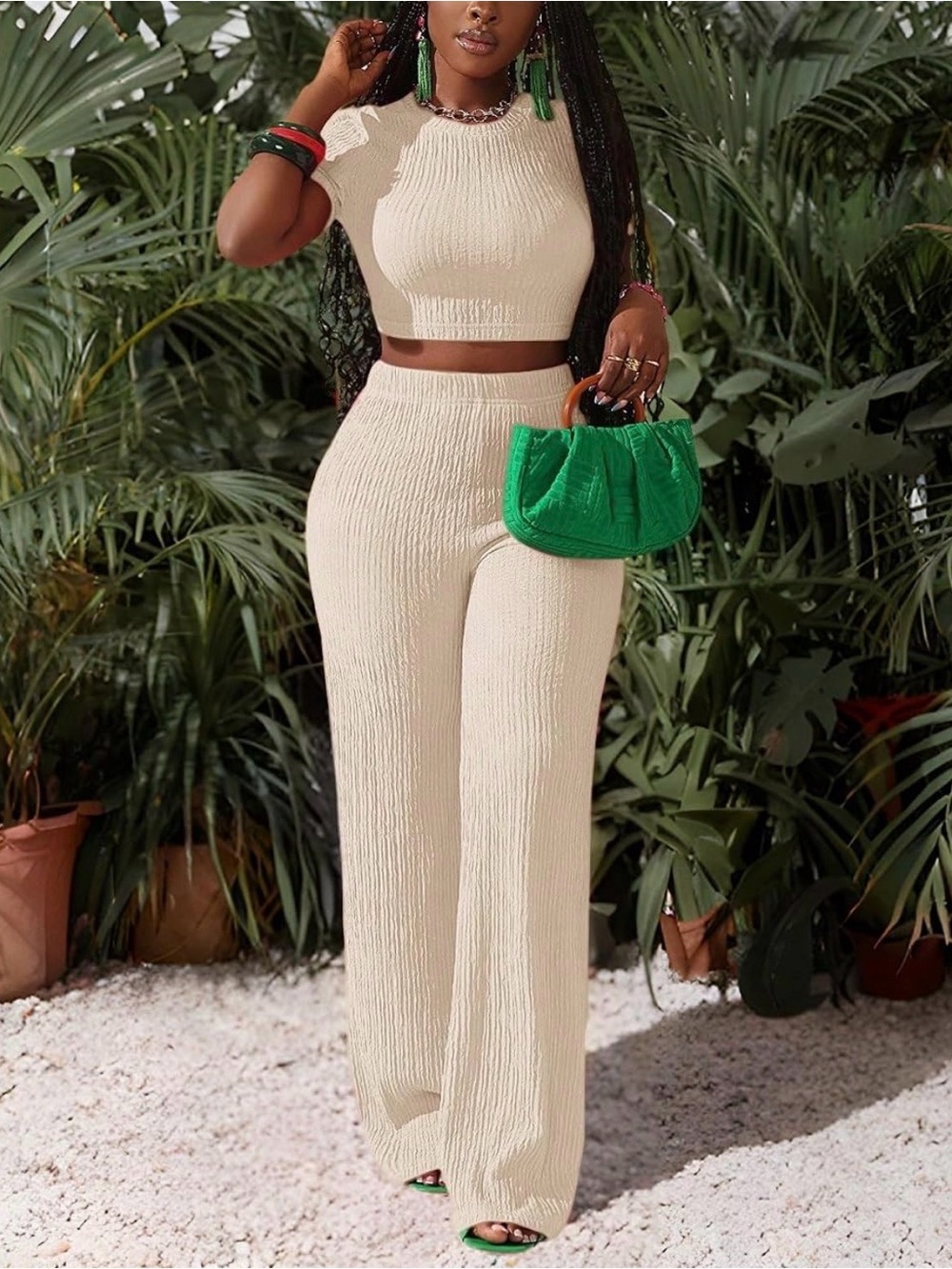 High-Rise Cream Ribbed Wide-Leg Knit Pants Set
